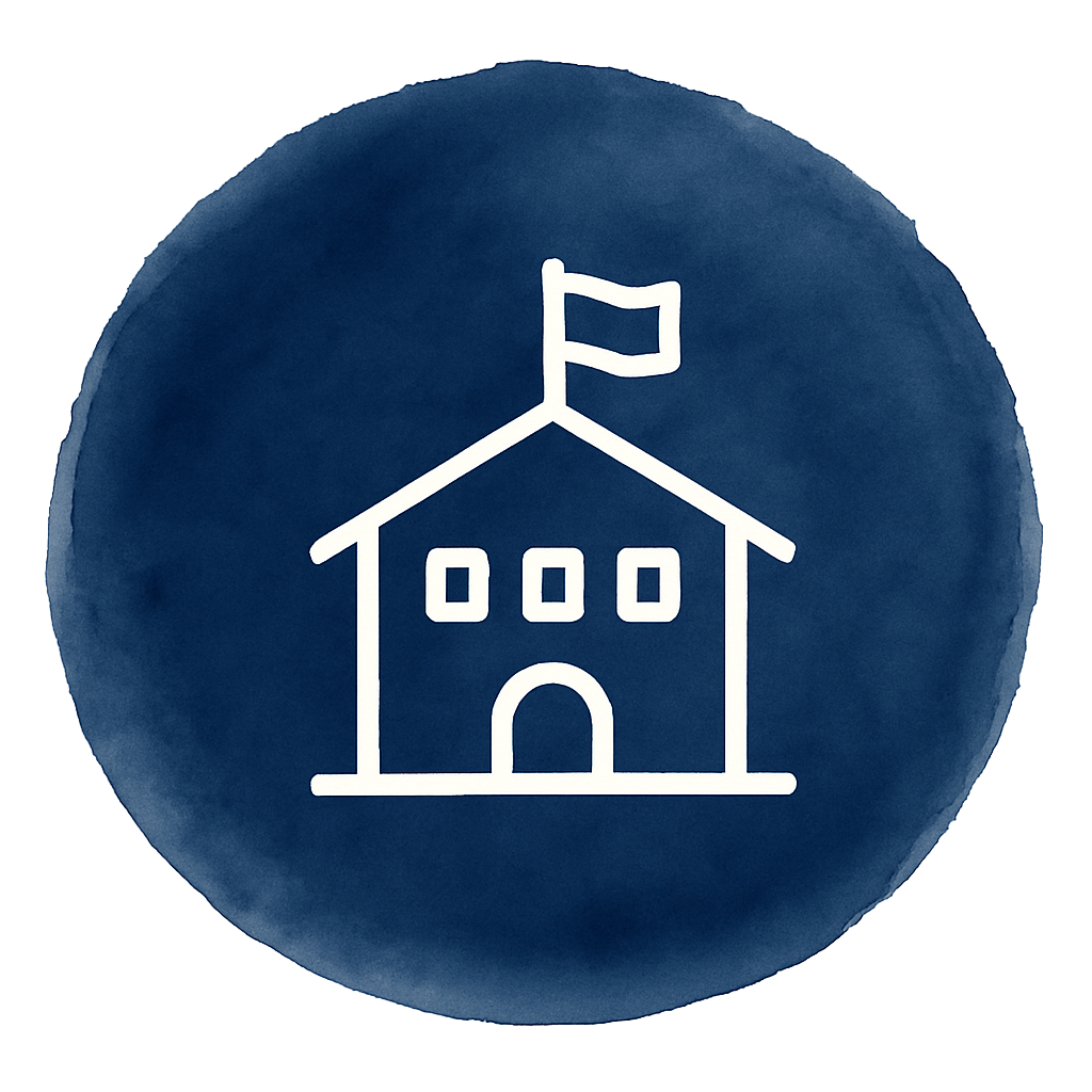 School building education icon on blue watercolor circle