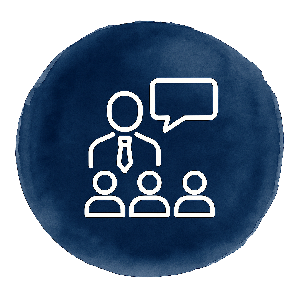 Leadership and communication icon on blue watercolor circle